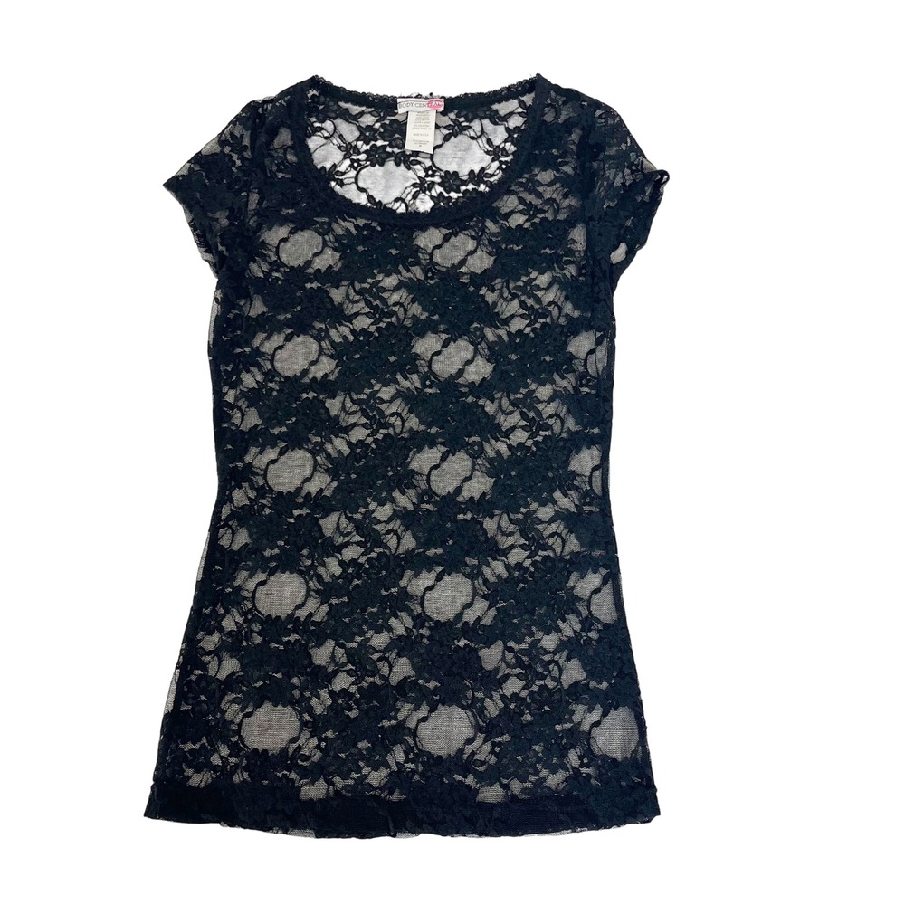 Vtg Body Central Black Floral Lace Top Y2K Whimsigoth Cap Sleeve Sheer MEDIUM